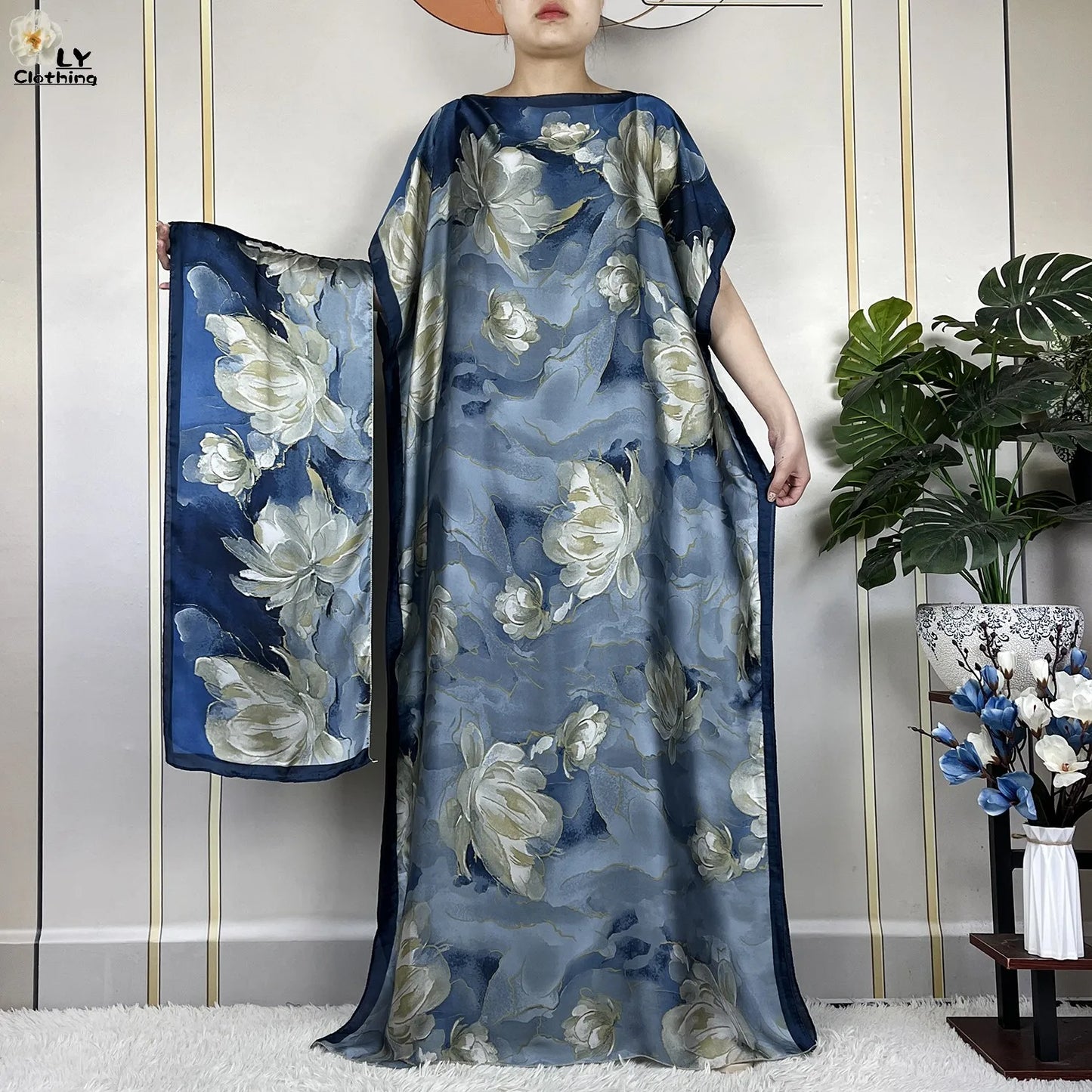 2024 New Dubai Summer Fashion For Women Printed Silk Soft Loose Femme Robe African Islam Maxi Woman Casual Dresses With Turban