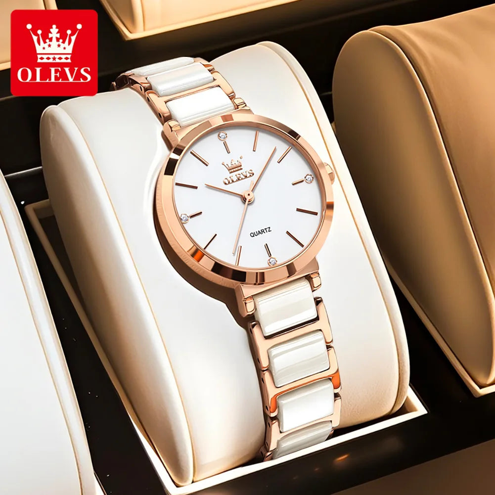 OLEVS 5877 Japan Quartz Movement Woman Watch Simple Elegant Luxury Rose Gold Ceramics Strap Waterproof Ladies Dress Wristwatch.