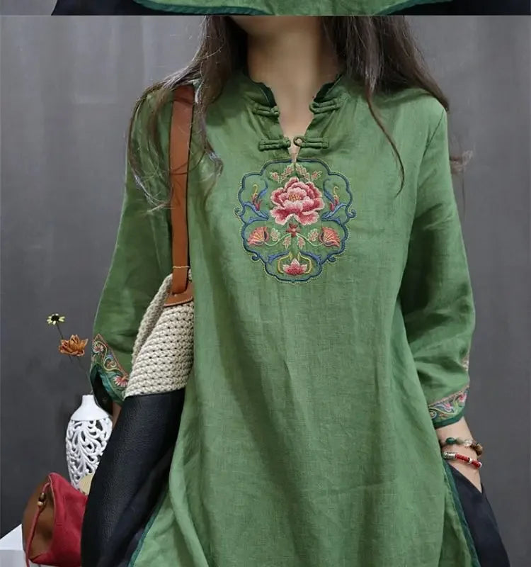 Damen-Bluse im Vintage-Stil aus Baumwolle und Leinen, mittellang, siebte Ärmel, Stickerei, ethnischer Rock mit lockerer Passform, chinesischer Stil.