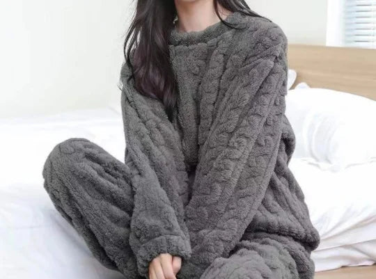 Herbst Winter Lose Süße Casual Pyjamas frauen Set Dicke Fleece Wolle Langarm Top Hause Elastische Taille Lange Hosen Hosen.