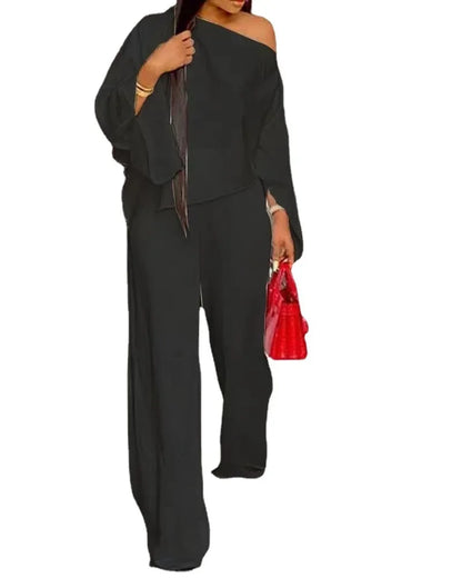 Fashion Hot Sale Women Casual Street Style Long Sleeve Card Shoulder Top Elastic Long Pants Two Piece Set Wholesale Dropshipping.