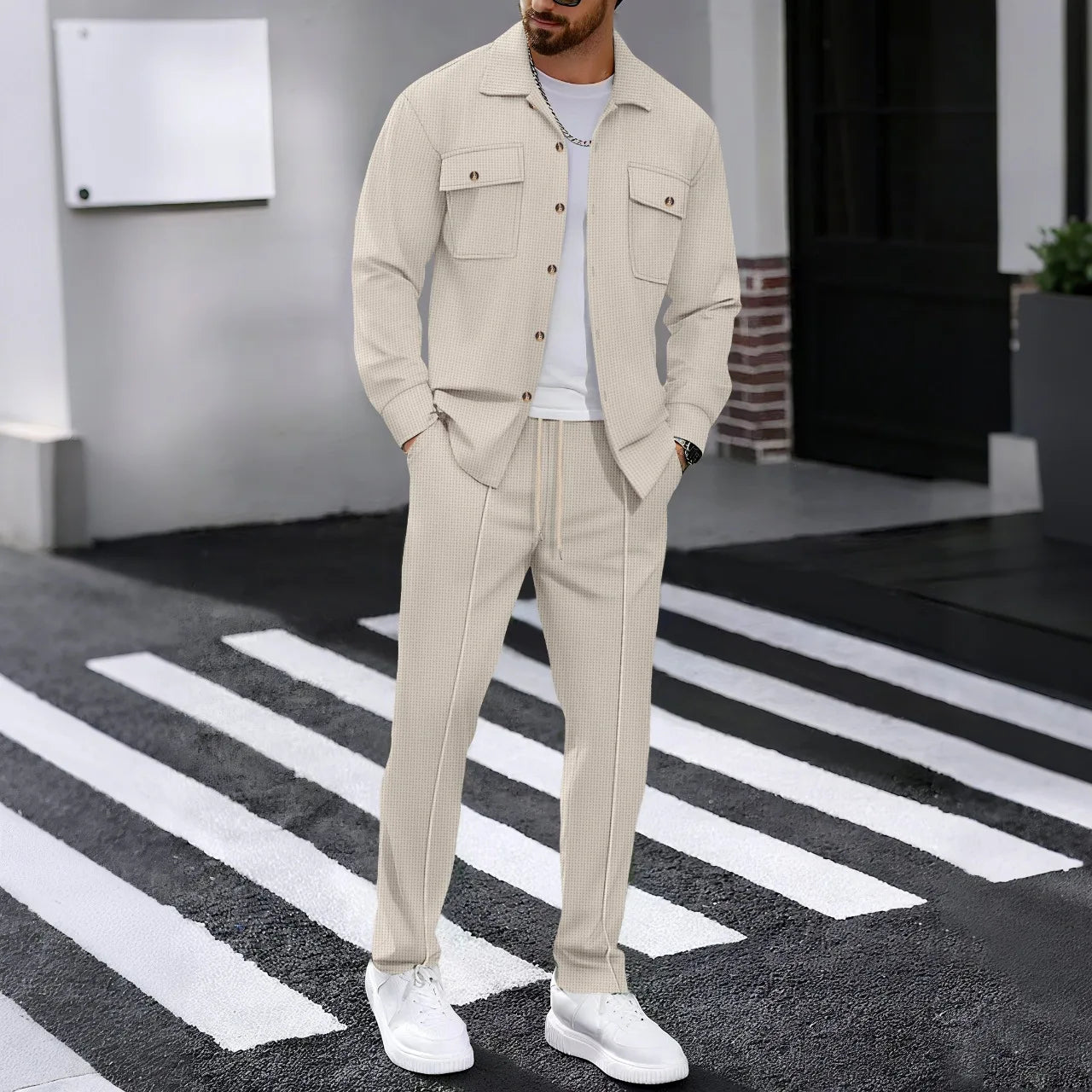 2025 Men's Autumn Casual Street Sport Two-Piece Fashion Solid Color Double-Pocket Collar Buttoned Long-Sleeved Shirt + Pants Set.