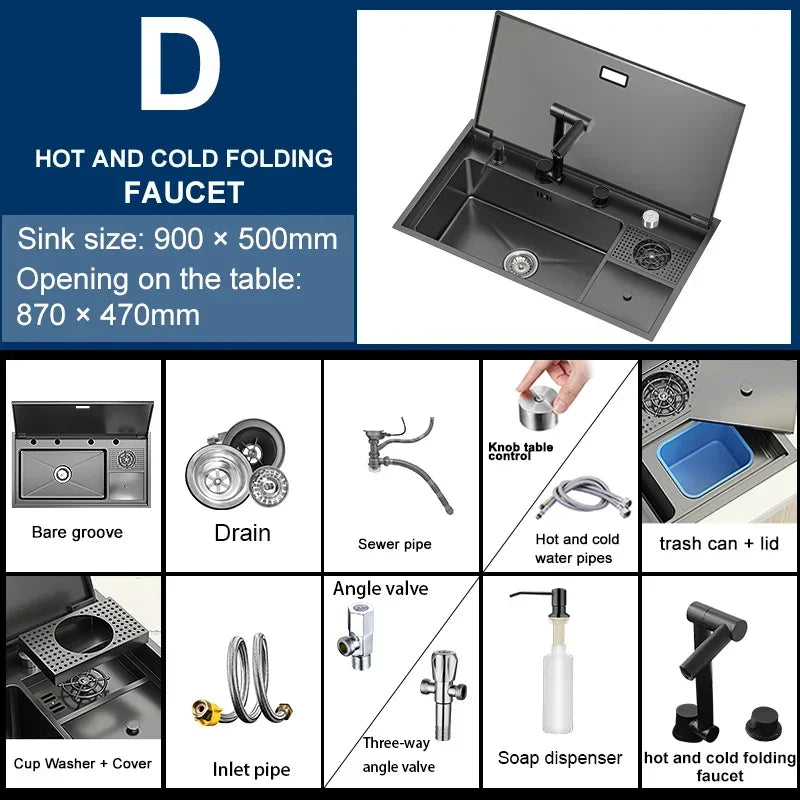 Hidden Cup Washer Sink With Cover Kitchen Sink Stainless Steel Washbasin Multifunctional Large Single Slot For Kitchen