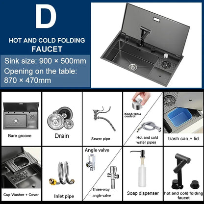 Hidden Cup Washer Sink With Cover Kitchen Sink Stainless Steel Washbasin Multifunctional Large Single Slot For Kitchen