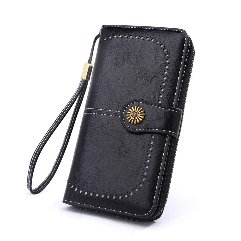 Fashionable new hollow out coin purse for women's oily leather phone bag, long zipper handbag,coin bag Triple fold ladies wallet