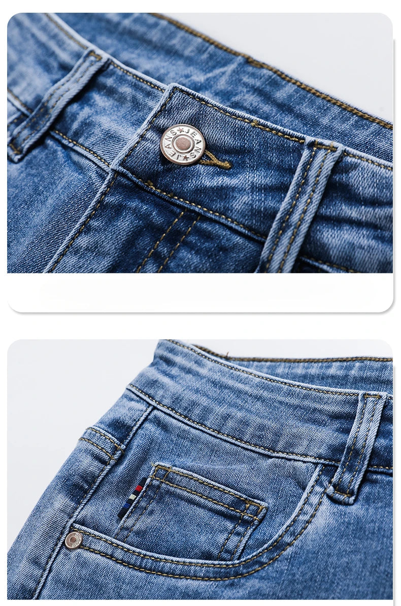 Spring Summer Thin Slim Fit Jeans Mens Elastic Straight Casual Business Denim Pants Washed Classic Brand Clothing Men Trousers