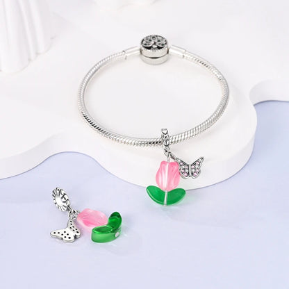 Flowers Series 925 Sterling Silver Sunflowers Tulip Carnation Charms Fit Original Bracelet  For Women Jewelry Making