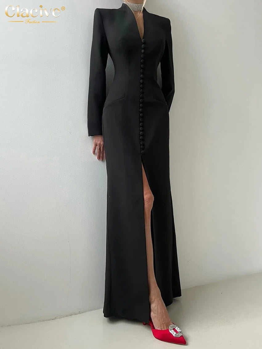 Clacive Sexy schlankes weißes Damenkleid 2025, modisches V-Ausschnitt, lange Ärmel, knöchellanges Kleid, elegantes, klassisches, geschlitztes Damenkleid.