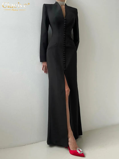 Clacive Sexy schlankes weißes Damenkleid 2025, modisches V-Ausschnitt, lange Ärmel, knöchellanges Kleid, elegantes, klassisches, geschlitztes Damenkleid.