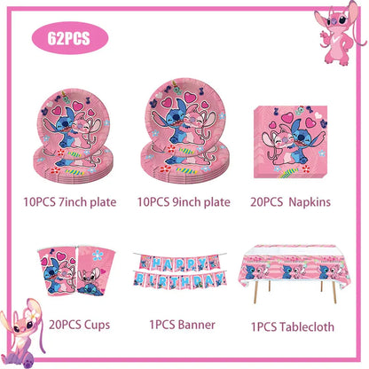 Disney Rosa Stich Geburtstag Party Dekorationen Geschirr Set Tischdecke Hintergrund Banner Für Kinder Geburtstag Dekorationen Lieferungen.