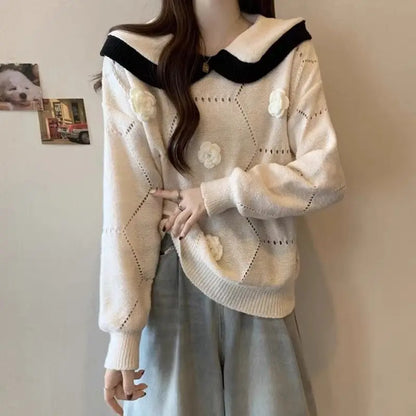 2025 French Gentle Style Soft Glutinous Doll Collar Sweater for Women in Autumn Winter Loose Slim Versatile Pullover Style.