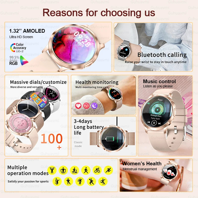 New Women Smart Watch 1.32"Ultra-thin AMOLED HD Screen Sport Fitness Bracelet Custom Watch Face Bluetooth Call Luxury Smartwatch.