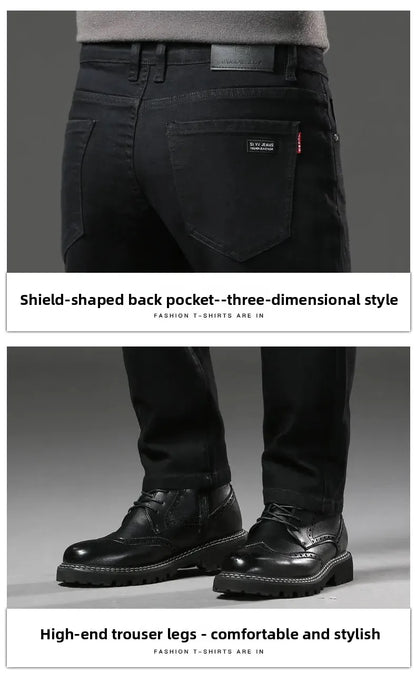 Men's Black Straight Leg Jeans Casual Elastic Business Pants High Waist Slim Fit Long Trousers New 2025 Gray Color