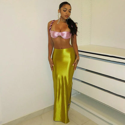 2025 Autumn Stain Long Solid Color Skirt Women Elegant High Waist Side Split Maxi Skirts Party Sexy Clothes for Female.