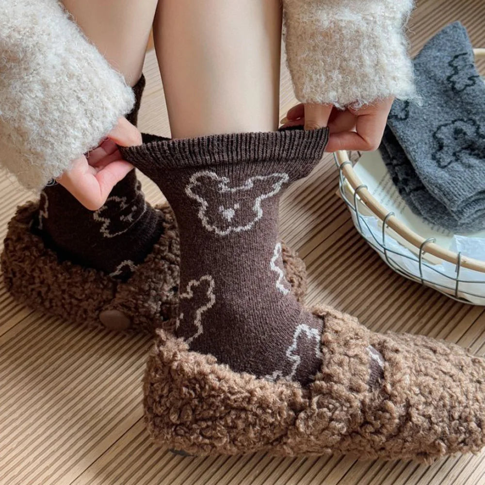 Christmas Gift Socks Women Winter Keep Warm Wool Socks Cute Bear Cartoon Happy Funny Kawaii Daily Streetwear Woman Floor Socks.