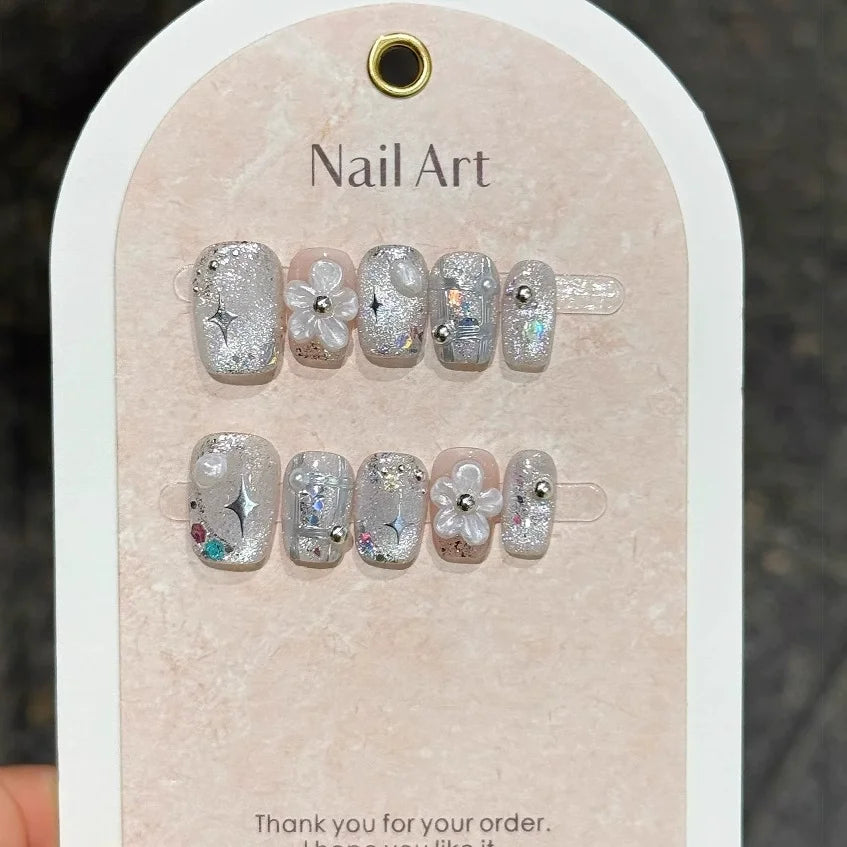 10Pcs French Handmade Press on Nails White Flower Fake Nails Wearable Stick-on Nails Full Cover False Nail Накладные Ногти 네일팁.