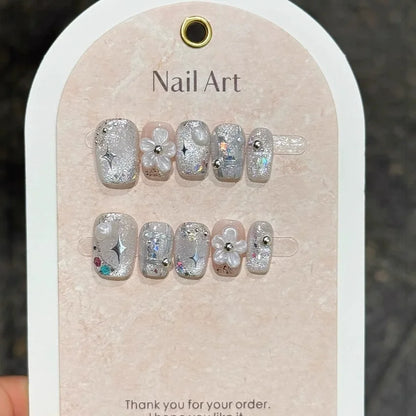 10Pcs French Handmade Press on Nails White Flower Fake Nails Wearable Stick-on Nails Full Cover False Nail Накладные Ногти 네일팁.