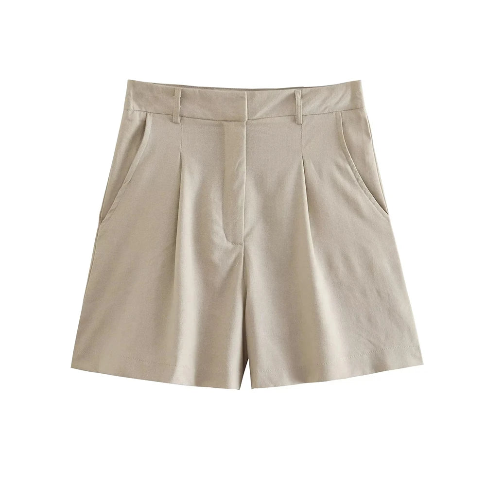 Women Fashion With Pockets Front Pleats Linen Blend Shorts Vintage High Waist Zipper Fly Female Short Pants Mujer