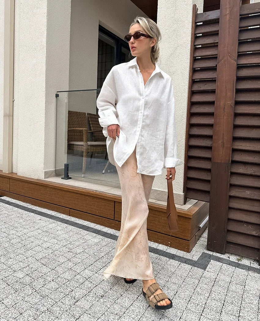 2025 Women's Oversize Shirt Long-sleeved Button Cardigan Pink Lapel Simple Korean Version White Top Blue Blouses for Female.