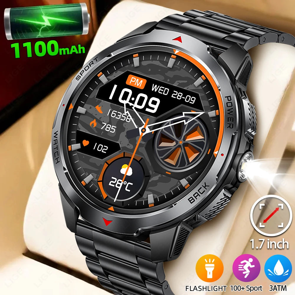 LIGE New 1100mAh Battery Smart Watches For Man Outdoor Sport LED Flashlight Compass Men’s Smartwatch Bluetooth Call Men Watches.
