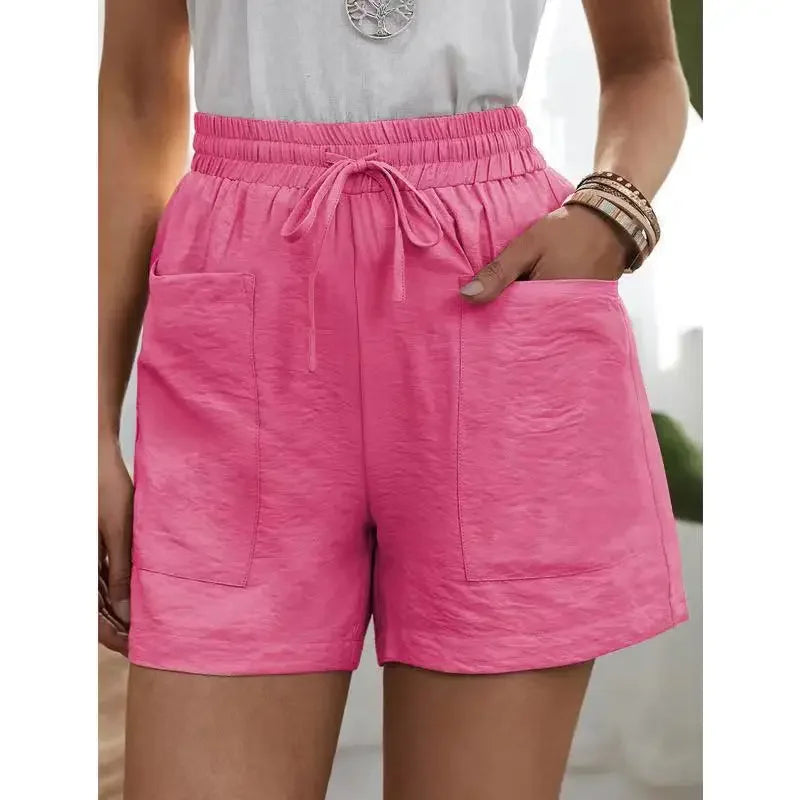 Women's High-waisted Loose-fit Solid Color Casual Shorts Pocket Bell Bottoms.