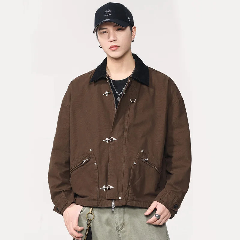 Men Washed Cotton Metal Buckle Streetwear Vintage Loose Casual Short Bomber Cargo Jacket Couple Spring Autumn Coat Outerwear.