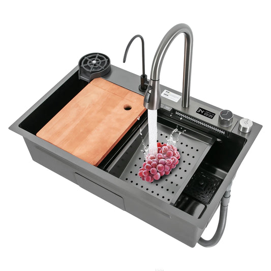 Küchenspüle aus Edelstahl 201 mit Digitalanzeige, ausziehbarer Wasserhahn, Abtropfkorb, Schneidebrett, Hochdruck-Becherwascher