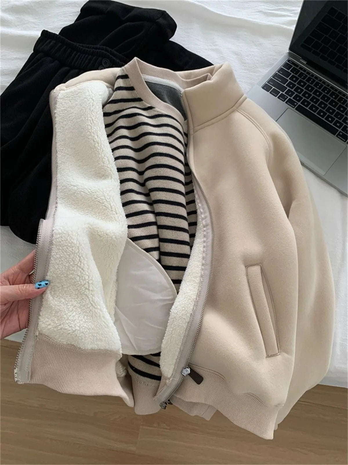 Women Autumn Winter Sweatshirt Coat Zip Up Solid Long Sleeve Stand Neck Jacket Lady Fashion Casual Street Vintage Coats Outwear.