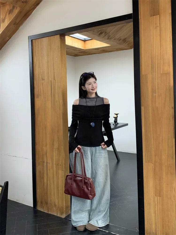 Retro American Shoulder Bared Long Sleeve T Shirt Women Spring Autumn Spicy Girl Fake Two Piece Base Shirt High Collar Polyester.