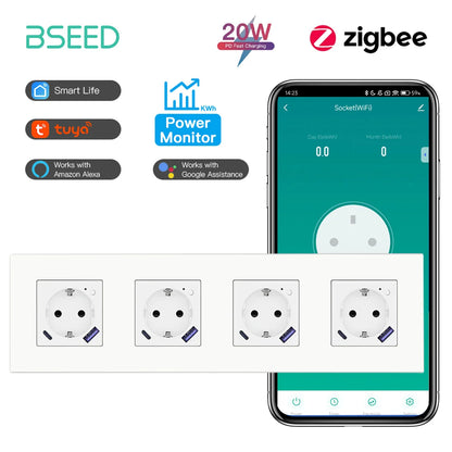 BSEED Zigbee Smart AC Steckdose EU Steckdosen mit USB Typ-c Schnellladeanschlüssen Tuya Smart Life Alexa App Kunststoffrahmen Weiß.