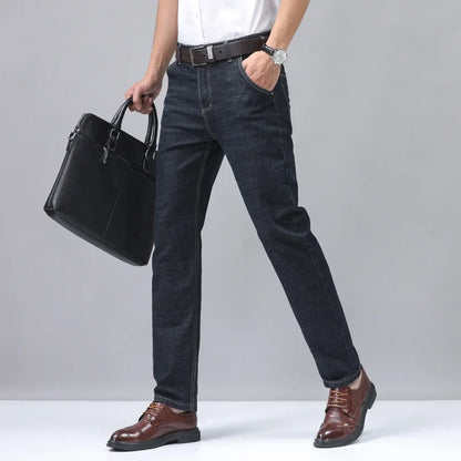 2024 New Brand Men's Fit Straight Lightweight Cotton Stretch Denim Pants Casual Male High Waist Thin Light Blue Business Jeans