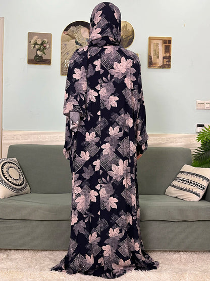 Muslim Cotton Abayas For Women Traditional Floral Ramadan Prayer Garment African Caftan Marocain Femme Robe Connected Headscarf