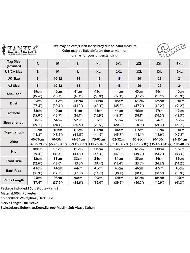 ZANZEA Muslim Abaya Suit Elegant Women Matching Sets Fashion Long Shirt Tops & Wide Leg Pants Ramadan Outfits Urban Tracksuits.