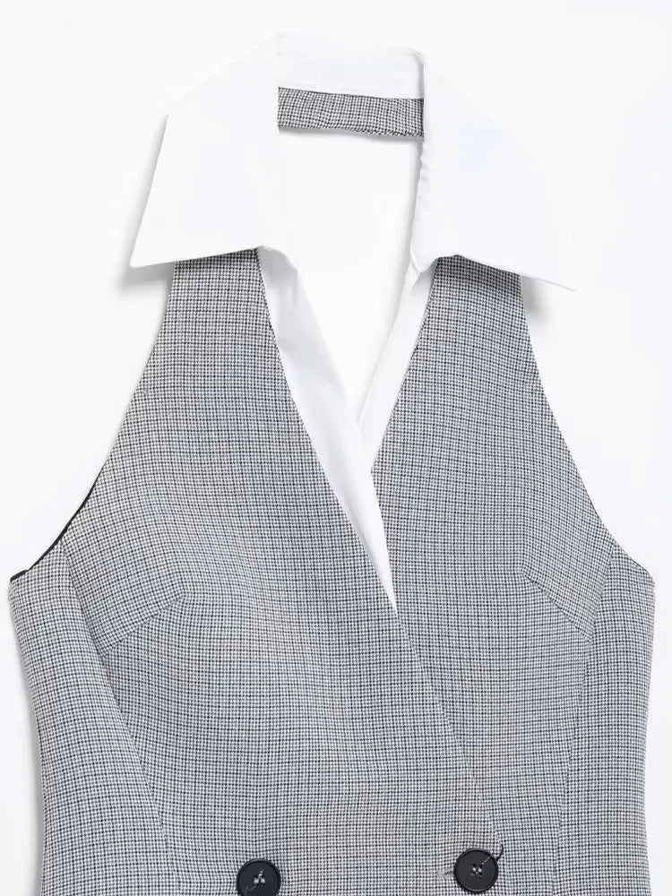 TRZA Mode Zweireiher Plaid Halter Mini Kleid für Frauen Front Klappen Taschen Backless Weibliche Kleider Vestidos Mujer.