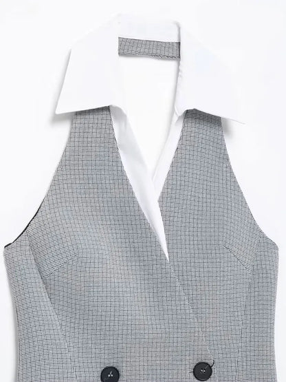 TRZA Mode Zweireiher Plaid Halter Mini Kleid für Frauen Front Klappen Taschen Backless Weibliche Kleider Vestidos Mujer.