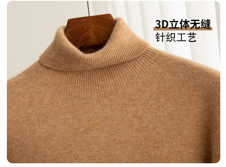 Men 100% Merino Wool Sweater Turtleneck Knitted Pullover Cashmere Warm Solid Color Clothes Business Bottoming Tops Autumn Winter.