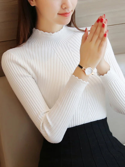 2025 herbst Frauen Mock Neck Rüschen Pullover Langarm Gestrickte Bodenbildung Solide Pullover Streifen Frauen Casual Pullover Winter.
