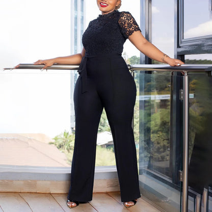 Elegant Jumpsuits & Rompers for Women O Neck Lace Patchwork Short Sleeve Sashes High Waisted Luxury Birthday Party Dinner Outfit