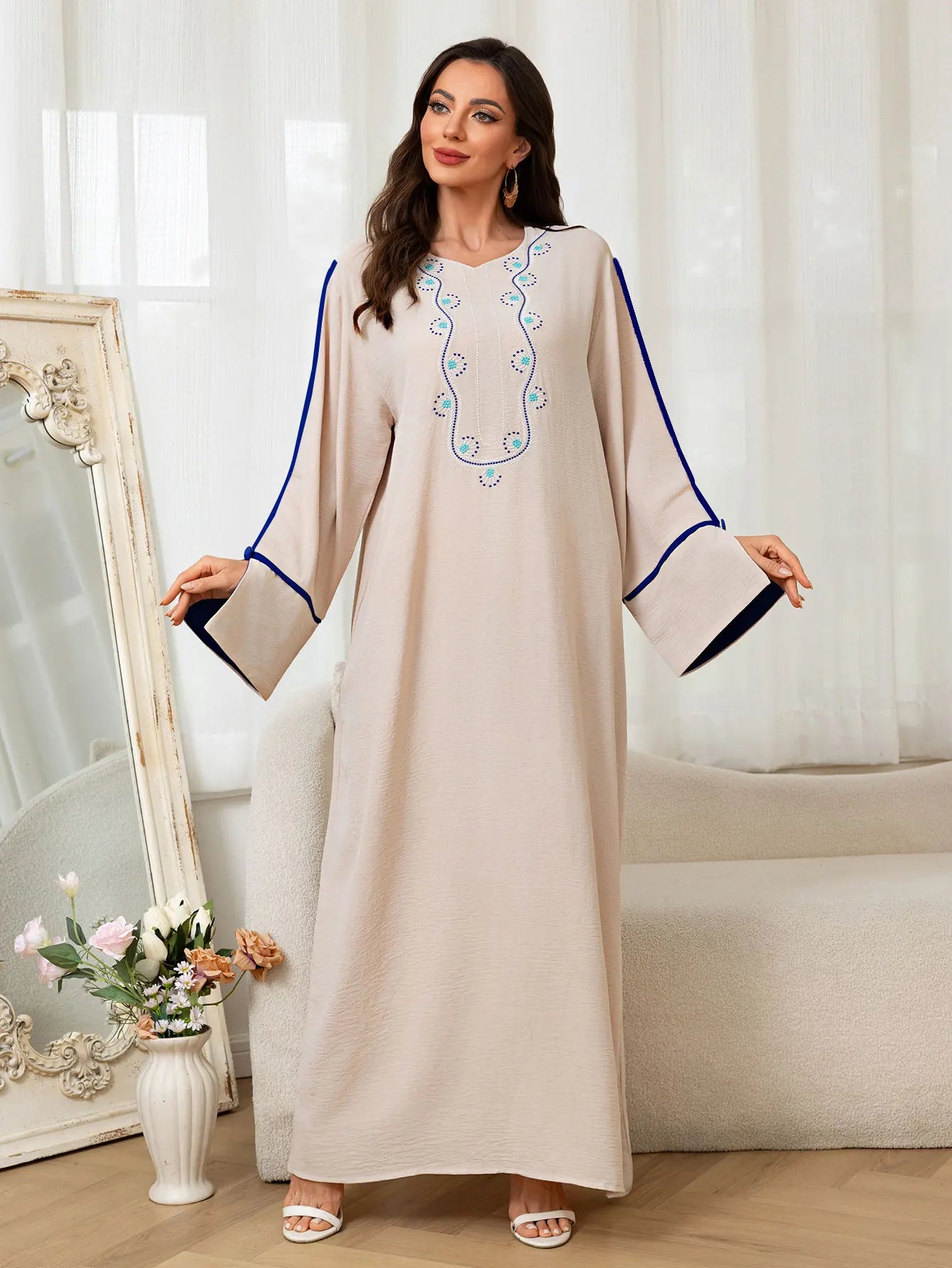Beige Abaya Embroidered with Blue Patterns on Neckline Sleeves with Trim for Middle East Daily Wear Islamic Festivities Ramadan.