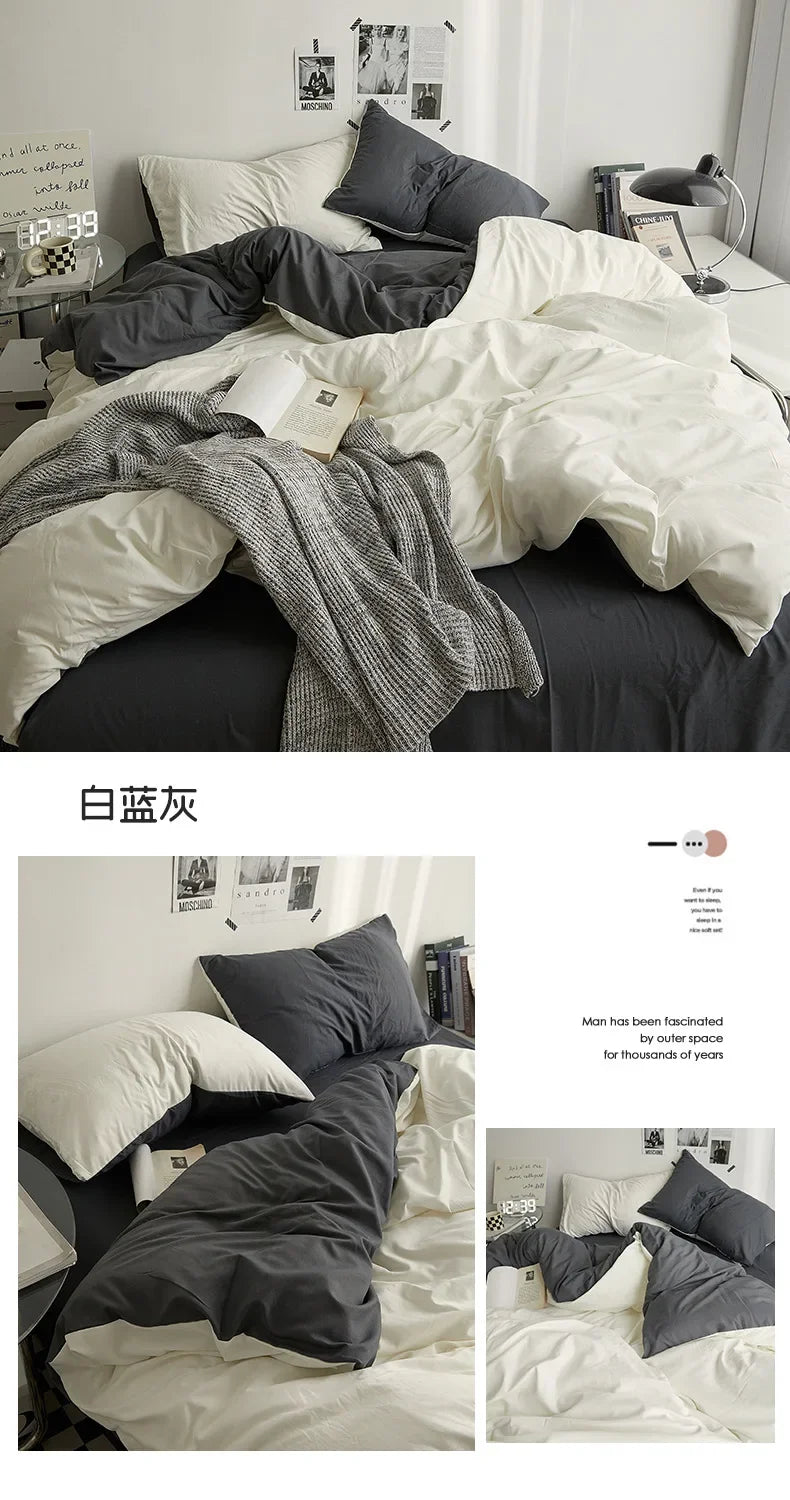 High Quality Solid Color Double Washed Cotton Bedding 4 Pieces Set Student Dormitory Bed Linen Duvet Set Bed Suit.