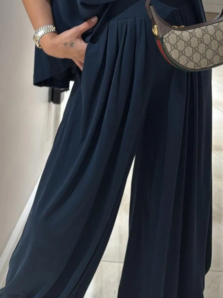 Casual T Shirt Short Sleeved Women's Top 2 Piece Set Summer Elegant Fashion Loose High Waist Wide-leg Trousers Female Pants Sets.