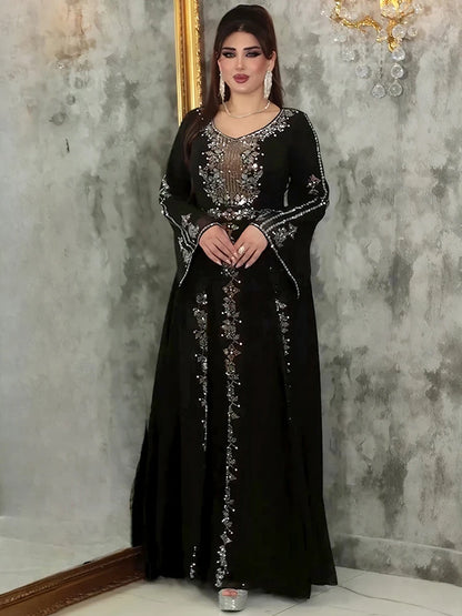 Elegante Frauen Abendkleid Langarm Chiffon Maxi Roben Luxus Diamant Party Kleider Dubai Türkei Abayas Kaftan Marocaine Femme.