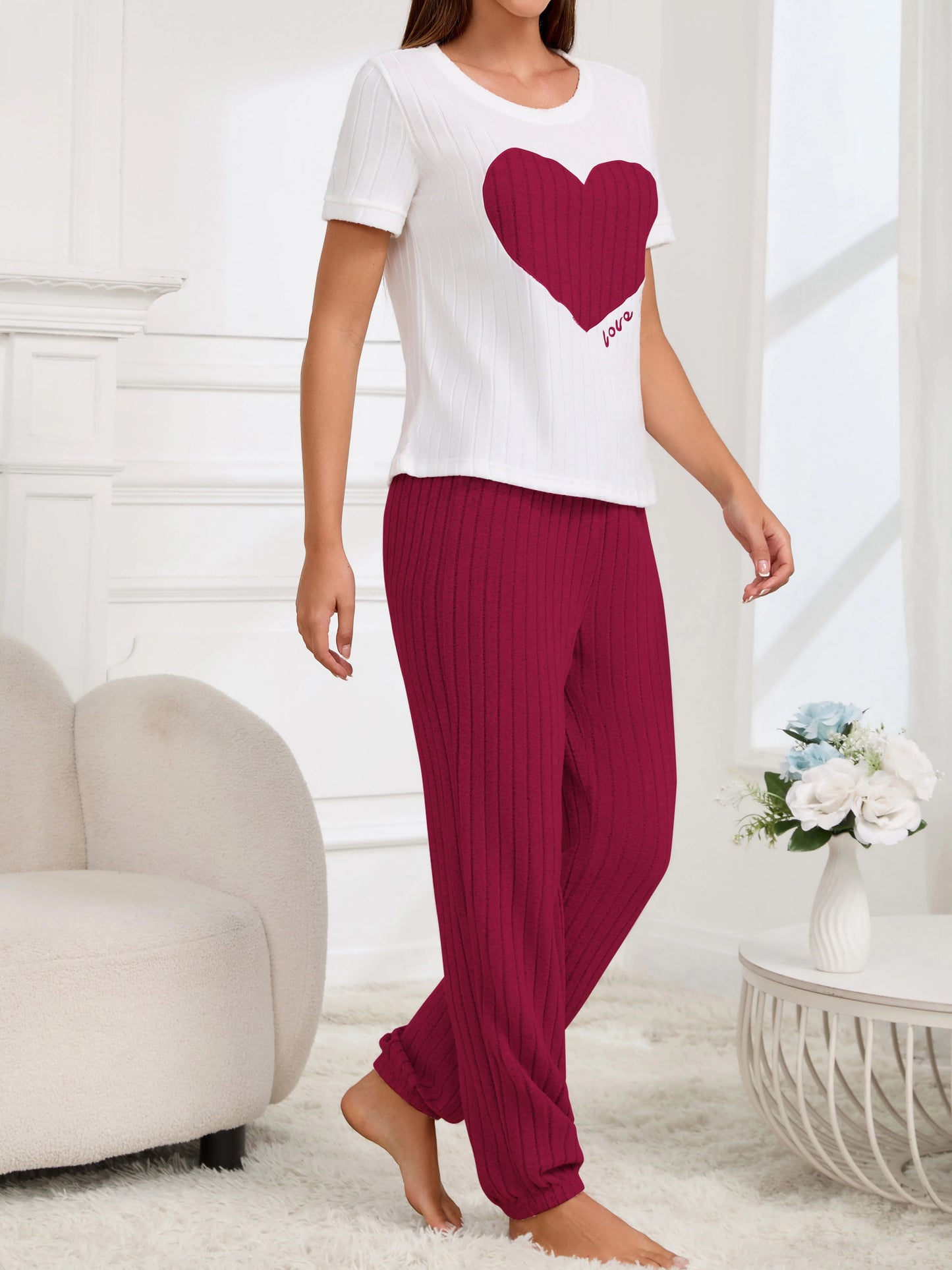 Damen-Pyjama-Set im neuen Stil, Herzmuster, kurzärmeliges Hemd, Hose, zweiteilig, einfach und schön, lässige Heimkleidung.
