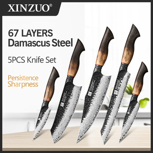 XINZUO 1-5PCS Damascus Steel Kitchen Knife 10Cr15CoMov Steel Core Chopping Vegetables And Fruits Household Kitchen Knife.