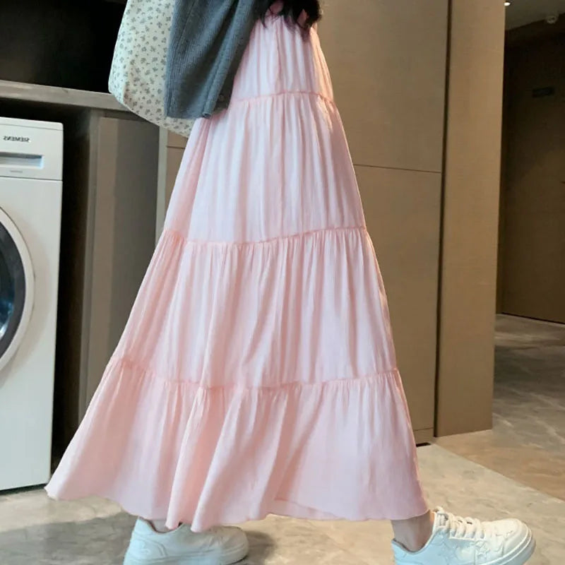 Spring Summer Women Long Skirts Fashion High Waist Elastic Patchwork A-Line Skirt Casual All-Match White Cake Maxi Skirts Female.