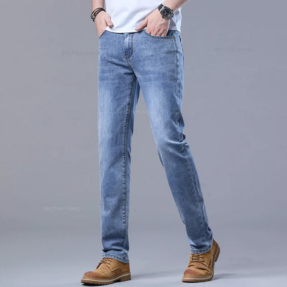 Spring Men's Light Blue Slim Jeans Stylish Casual Stretch Fabric Denim Pants Classic Trousers Smoke Gray.