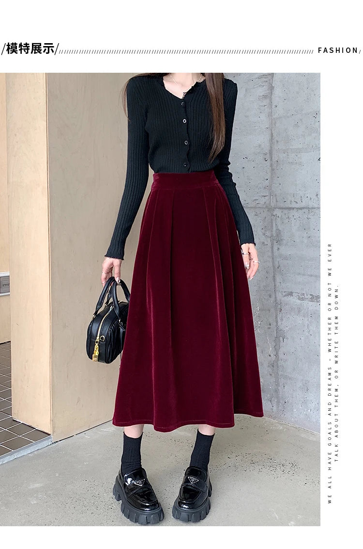 Autumn Winter Warm Vintage Red Elegant Velvet A-line Skirt For Women 2023 High Waist Casual Black Party Pleated Big Swing Skirts.