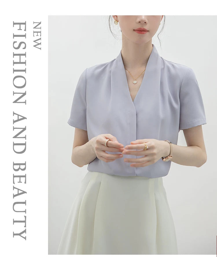 2025 Fashion Summer Short Sleeve V-Neck Women Blouse White Blouse Shirt Women Tops Blouses Shirts Blusas Para Mujer Camisas XL86.