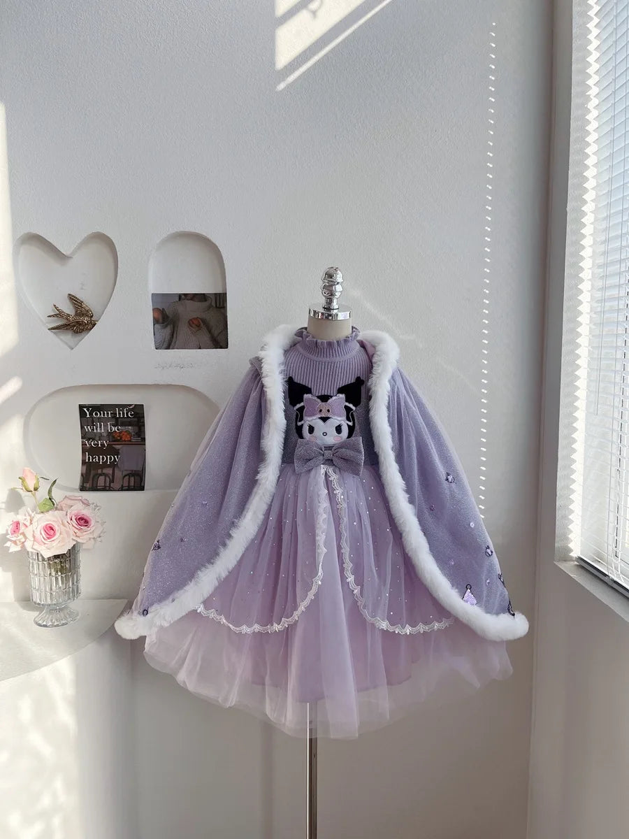 Anime Kuromi Lolita Kleid und Umhang Set Strickpullover Spleißen Mesh Prinzessin Kleid Partykleid Herbst Winter Urlaub Geschenk.