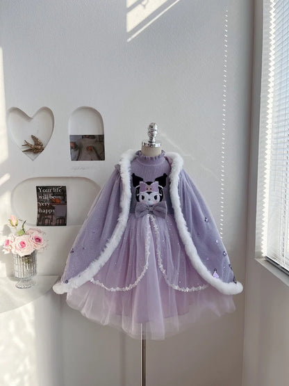 Anime Kuromi Lolita Kleid und Umhang Set Strickpullover Spleißen Mesh Prinzessin Kleid Partykleid Herbst Winter Urlaub Geschenk.